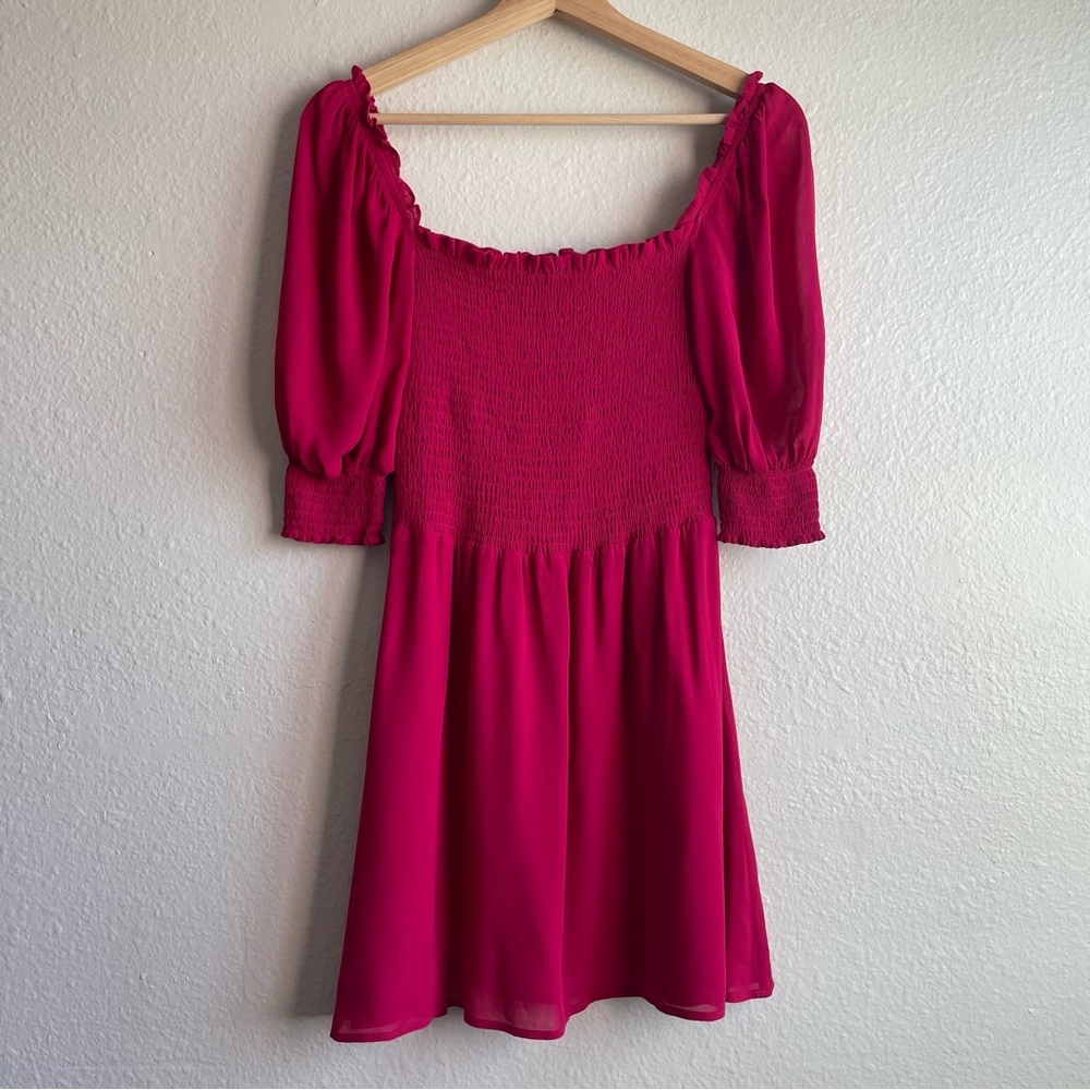 Reformation Fuchsia Puff Sleeve Smocked Mini Dress